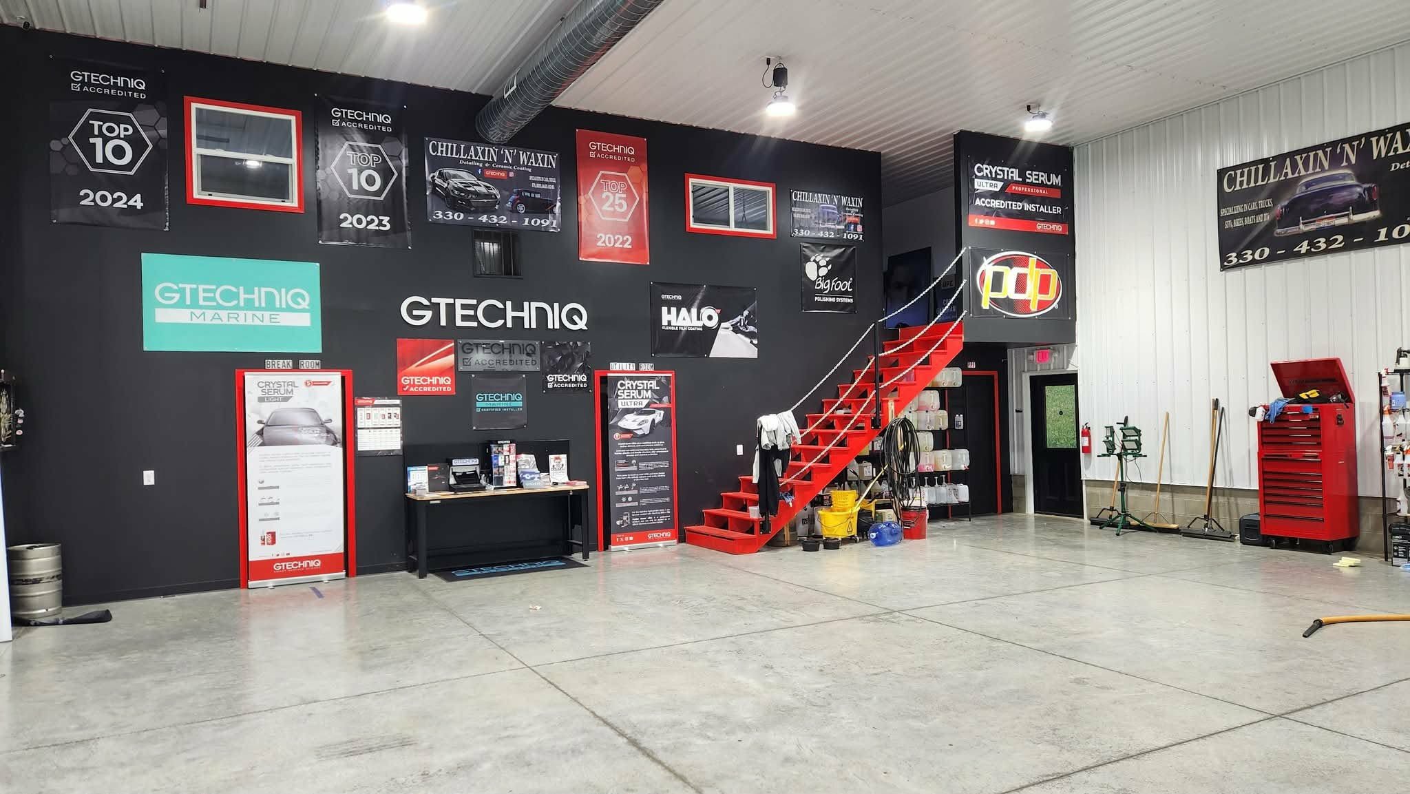 Chillaxin 'N' Waxin lobby with Gtechniq Top 10 accreditation banners